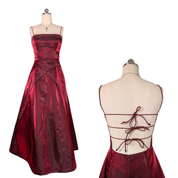 Vintage Morgan Co Prom Dress Maxi Gown 12 Red 90s Y2K Goth Bead Ball Tie Back - Picture 1 of 15